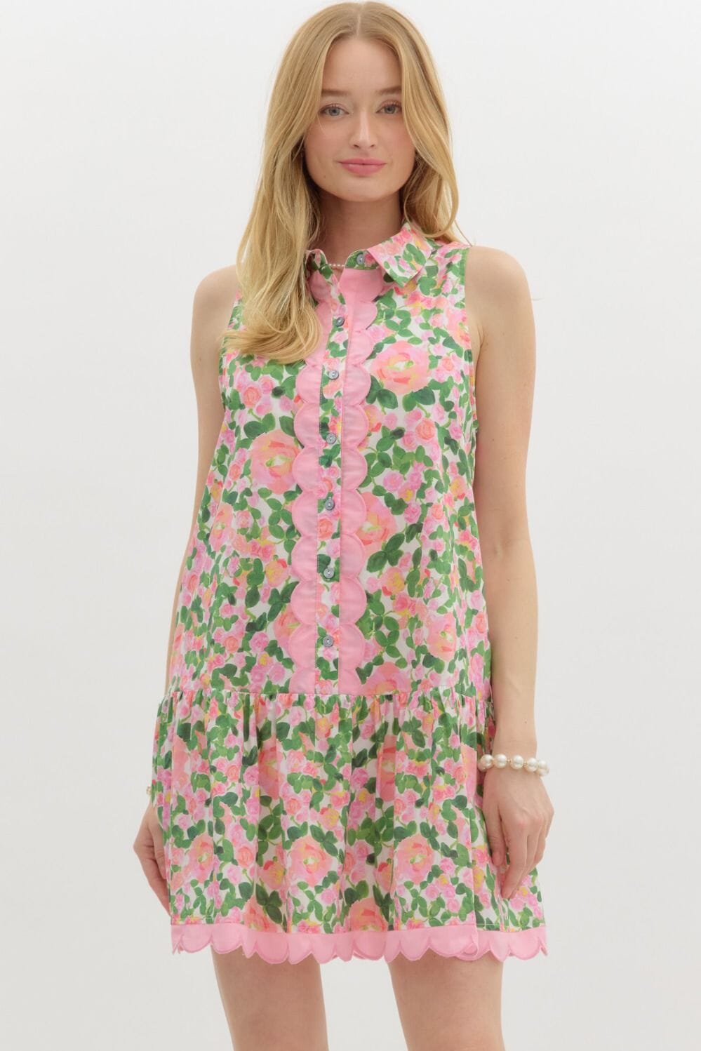 Watercolor Floral Collared Dress with Scalloped Trim Entro 