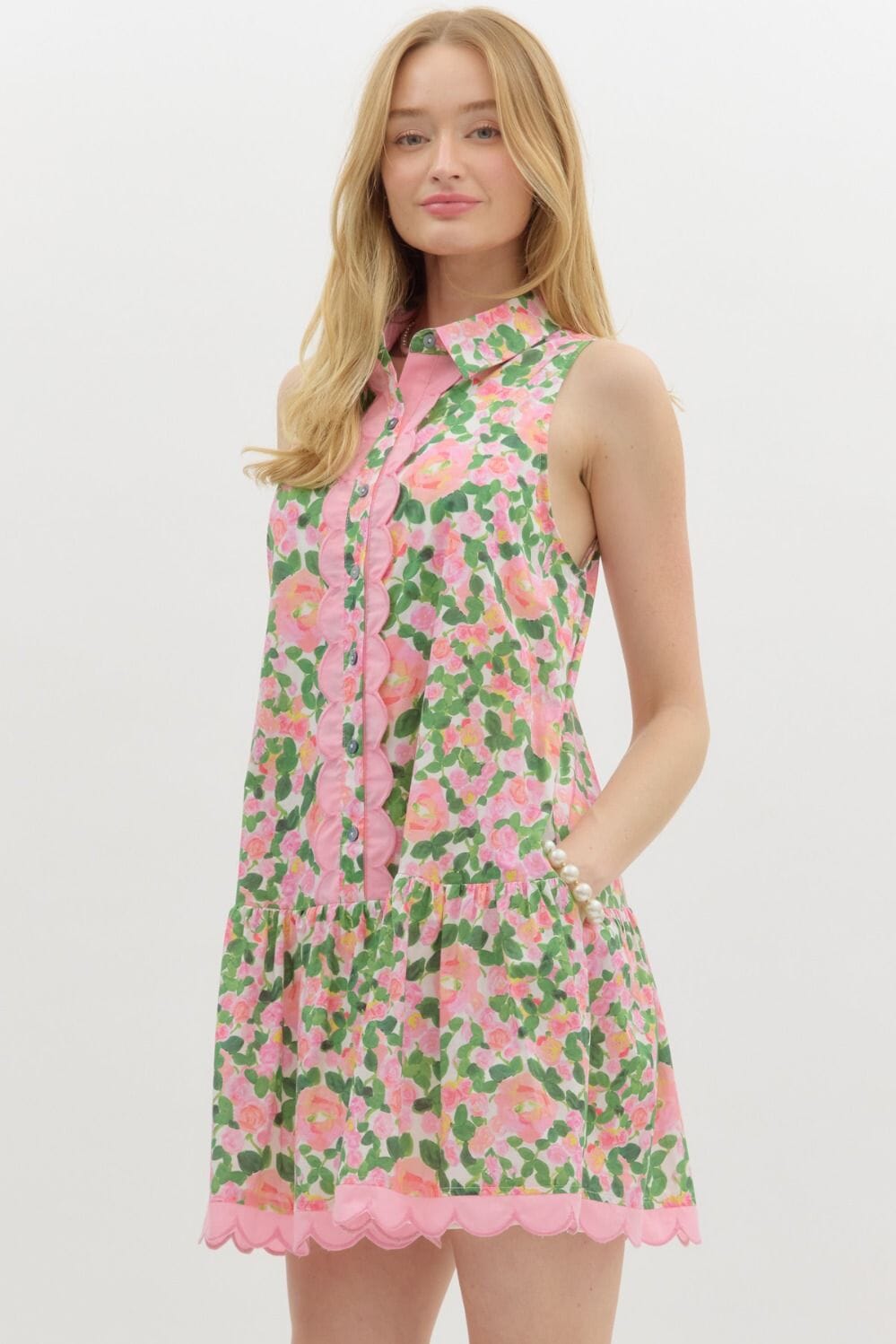 Watercolor Floral Collared Dress with Scalloped Trim Entro 