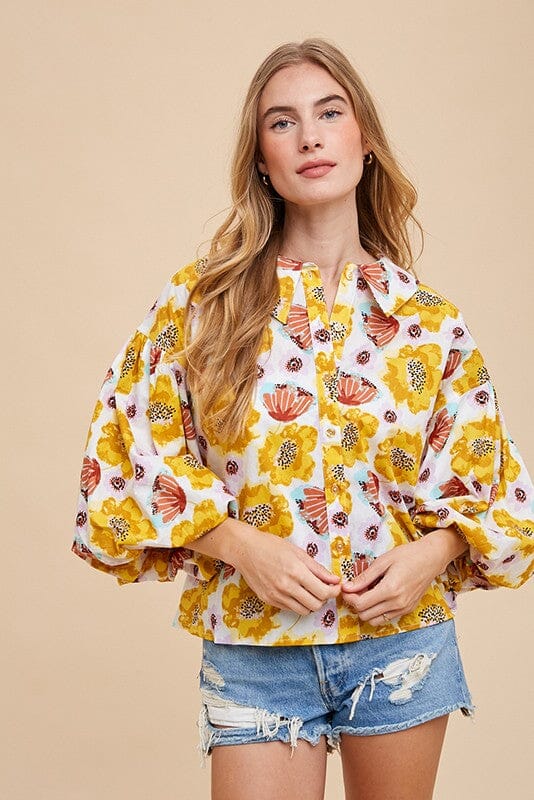 WATERCOLOR FLORAL PRINTED BUTTON DOWN BLOUSE annie wear 