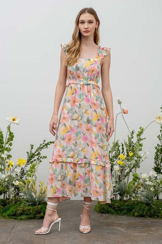 Watercolor Floral Ruffle Sleeve Midi Mine & Em 