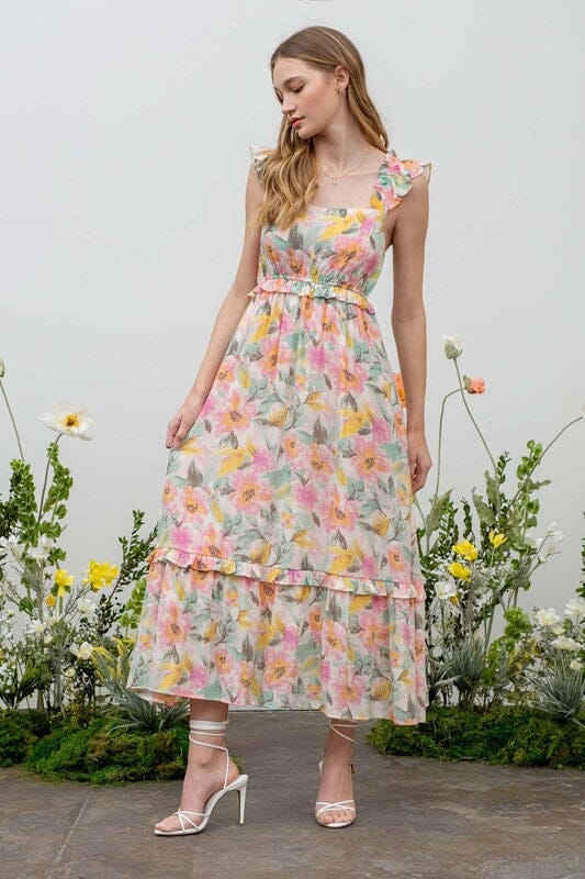Watercolor Floral Ruffle Sleeve Midi Mine & Em 