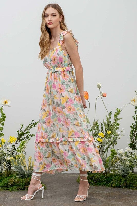 Watercolor Floral Ruffle Sleeve Midi Mine & Em 
