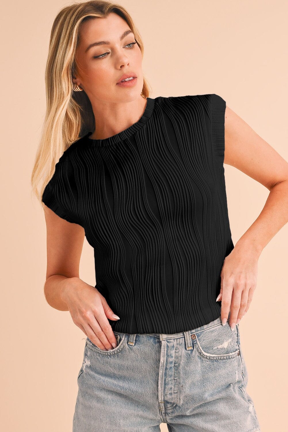 Wavy Solid Batwing Sleeve Top Shewin 