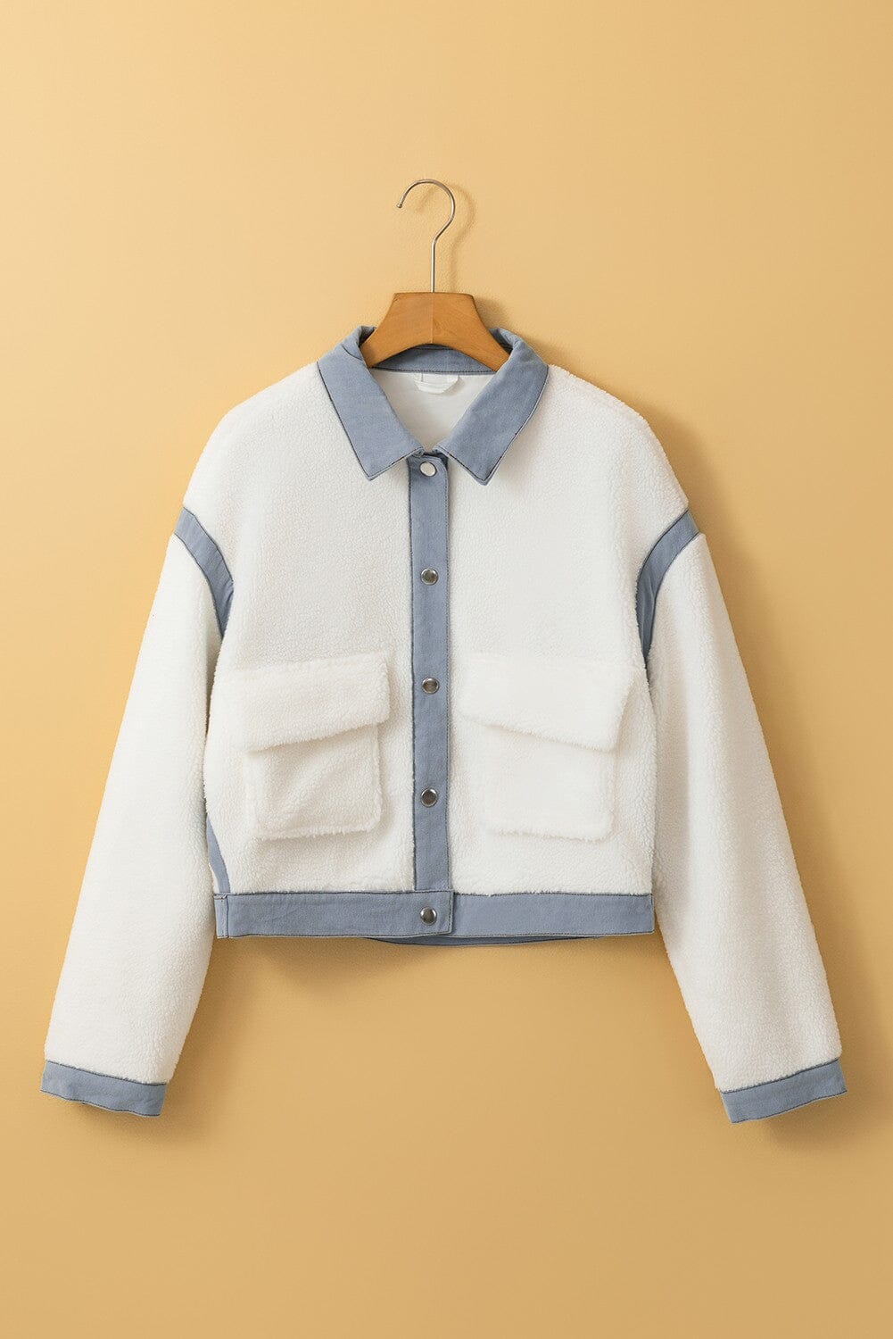 White Contrast Trim Buttoned Sherpa Jacket Shiying 