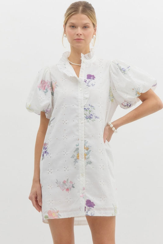 White Eyelet Puff Sleeve with Floral Detail Entro 