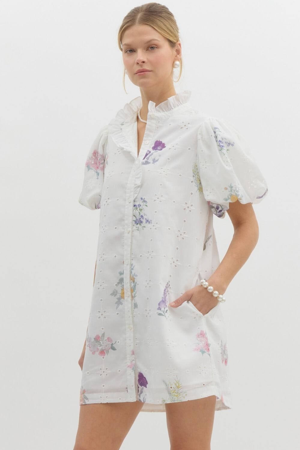 White Eyelet Puff Sleeve with Floral Detail Entro 