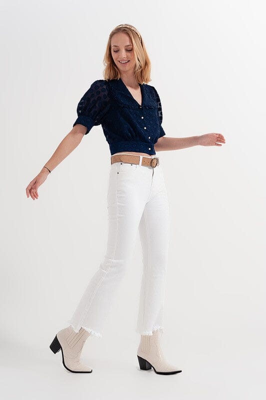 White Jeans with Frayed Asymmetrical Hem Q2 