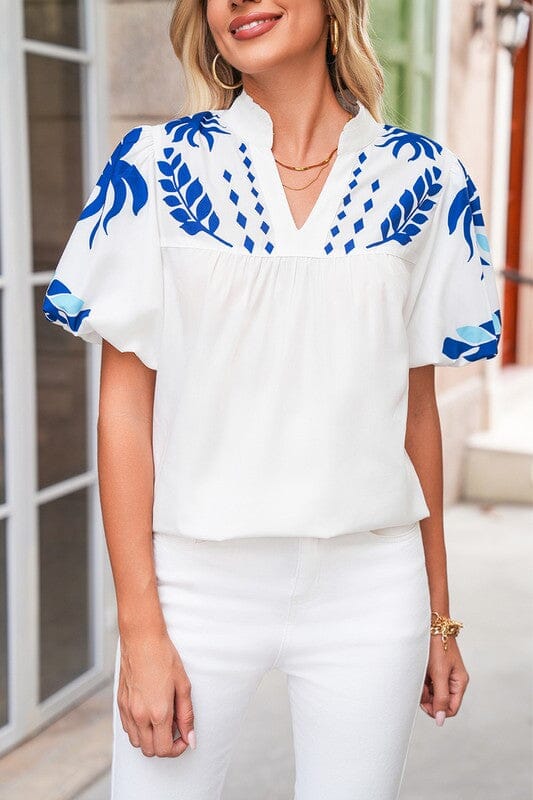 White Puff Sleeve Top with Royal Embroidered Detail Shewin 