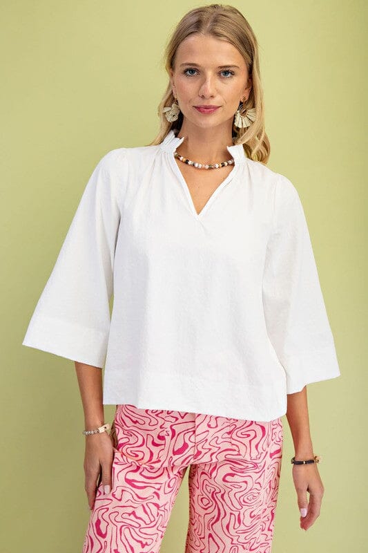 White Ruffle Neck 3/4 Sleeve Top Gigio 