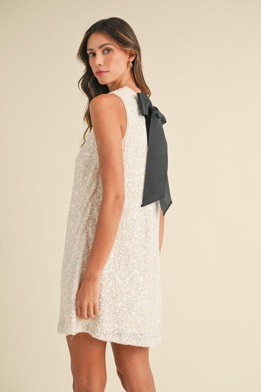 White Sequin Black Bow Back Dress Mable 