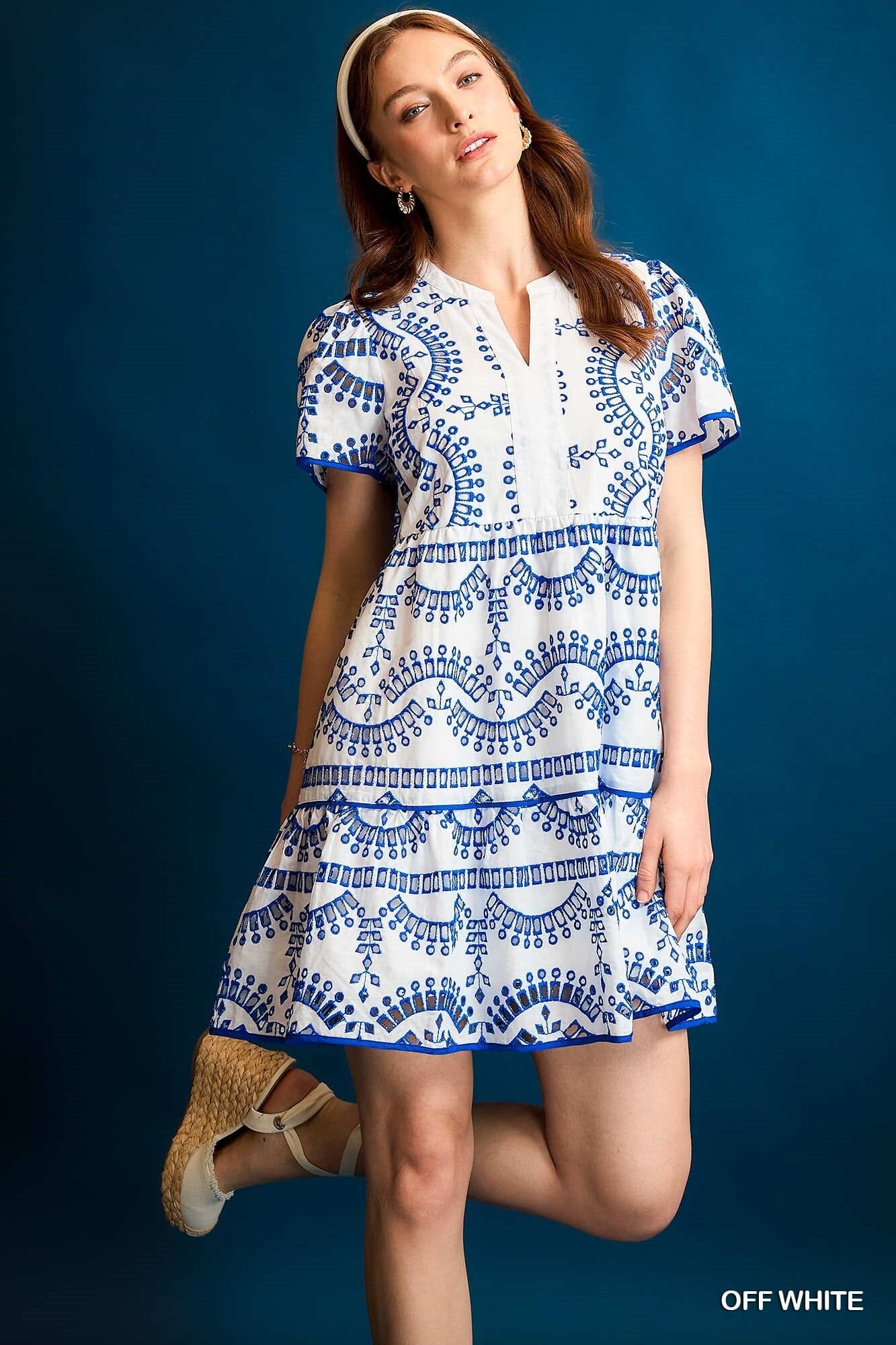White/Cobalt Eyelet Tiered Dress Shewin 