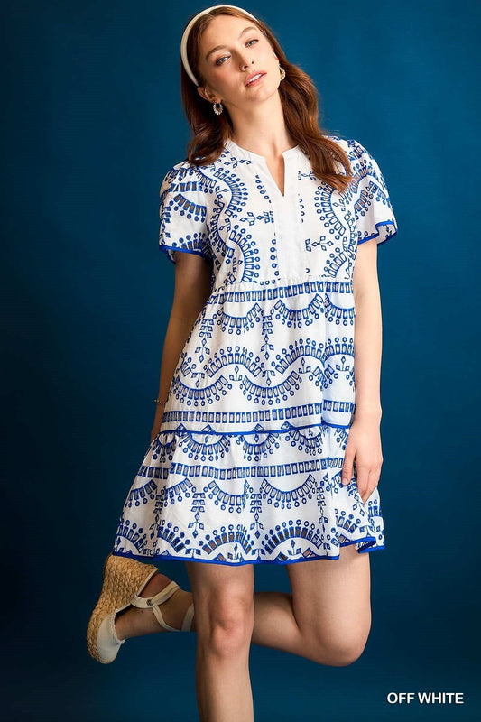White/Cobalt Eyelet Tiered Dress Shewin 