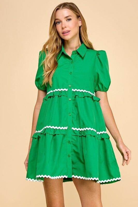 Zig Zag Poplin Tiered Dress TCEC small Green 