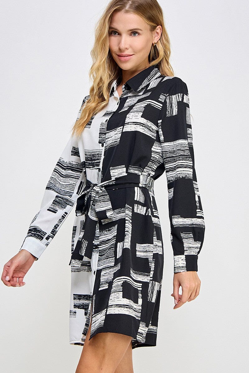 2 Tone Contrast Printed Button Down Dress Solution 