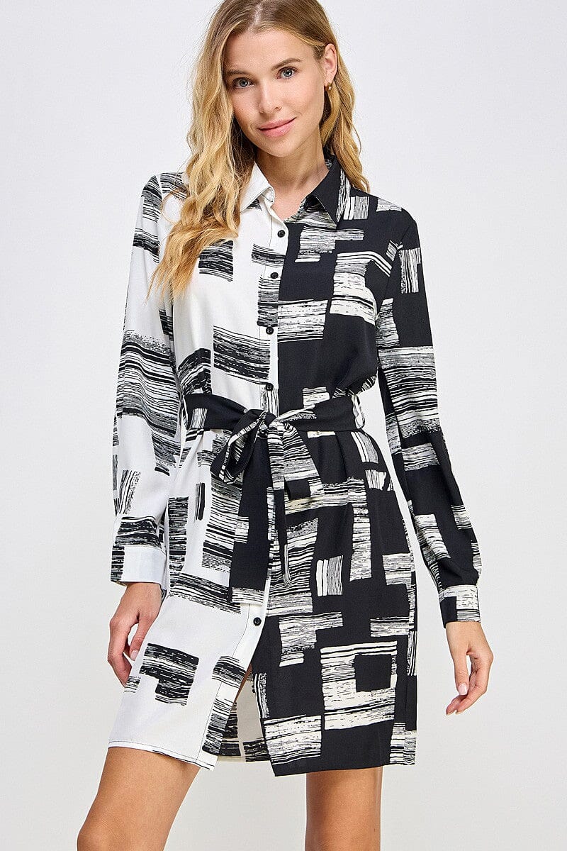 2 Tone Contrast Printed Button Down Dress Solution 
