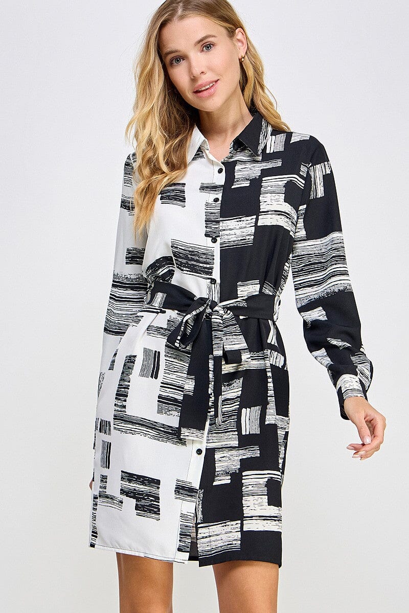 2 Tone Contrast Printed Button Down Dress Solution 