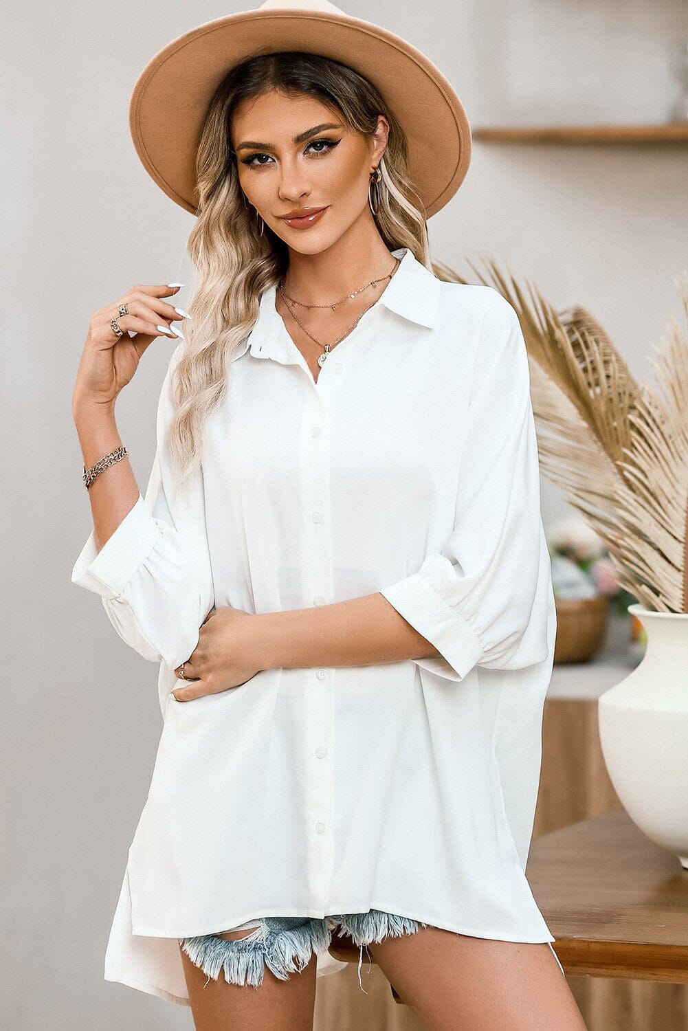 3/4 Puff Sleeve Oversize Shirt shiying 