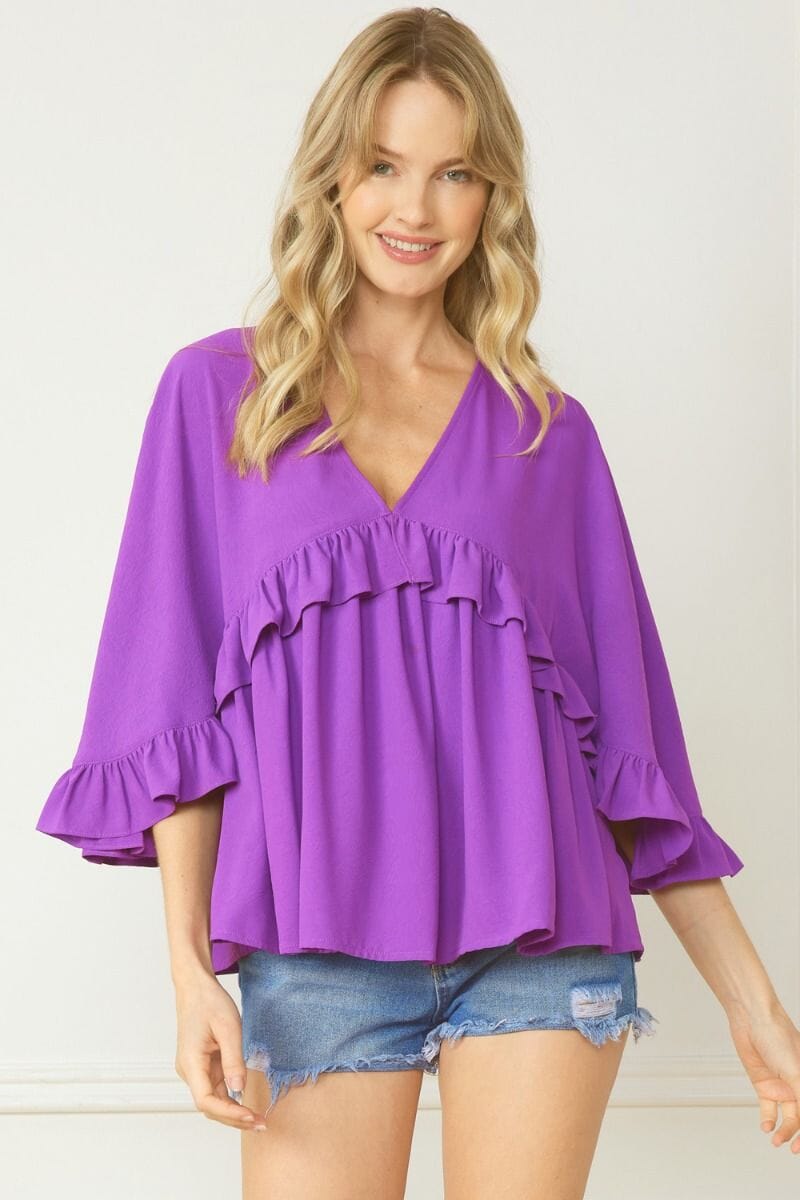 3/4 ruffle detail top entro 