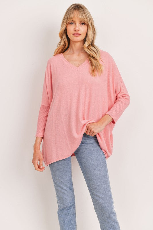 3/4 Sleeve V-Neck Boxy Brushed Intermingle Top Cherish 