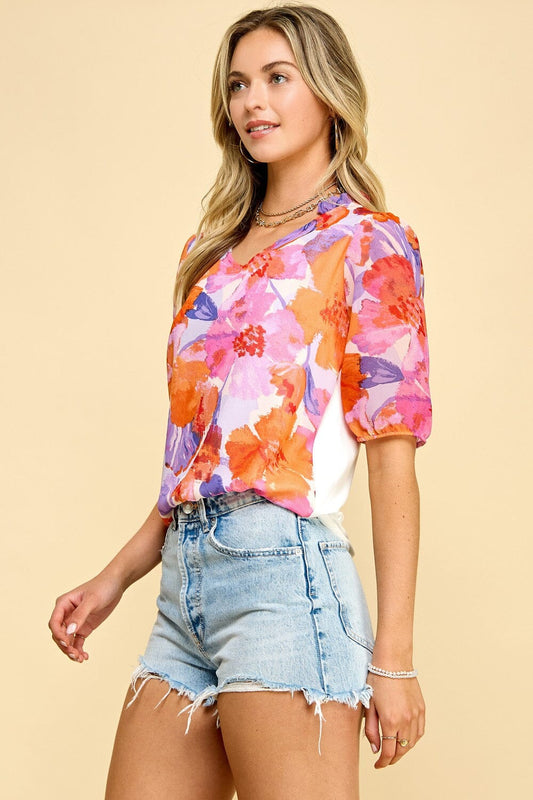 Abstract Floral Printed Top w/ ruffle neck Les Amis 
