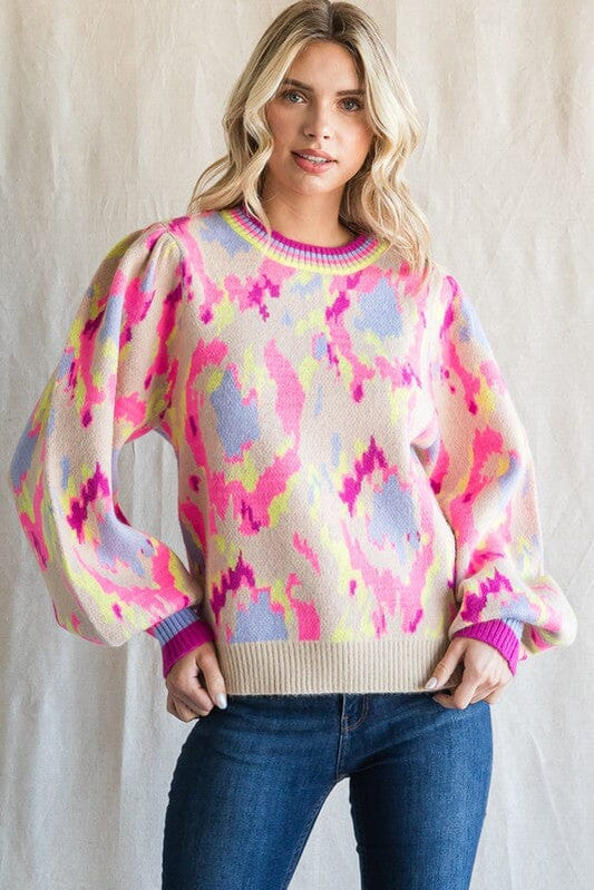 Abstract Print Knit Balloon Sleeve Pullover Jodifl 