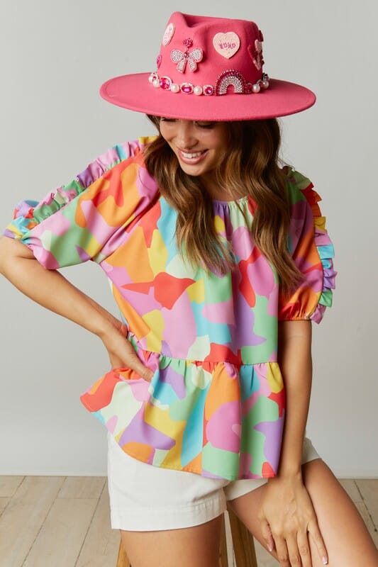 Abstract Print Ruffled Babydoll Blouse fantastic fawn 