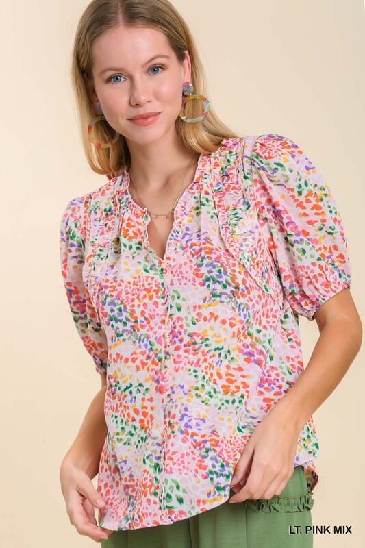 Abstract Print Split Neck Puff Sleeve Top with Ruffle Trim Detail Avenue Hill 