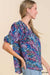 Abstract Print Split Neck Puff Sleeve Top with Ruffle Trim Detail Avenue Hill 