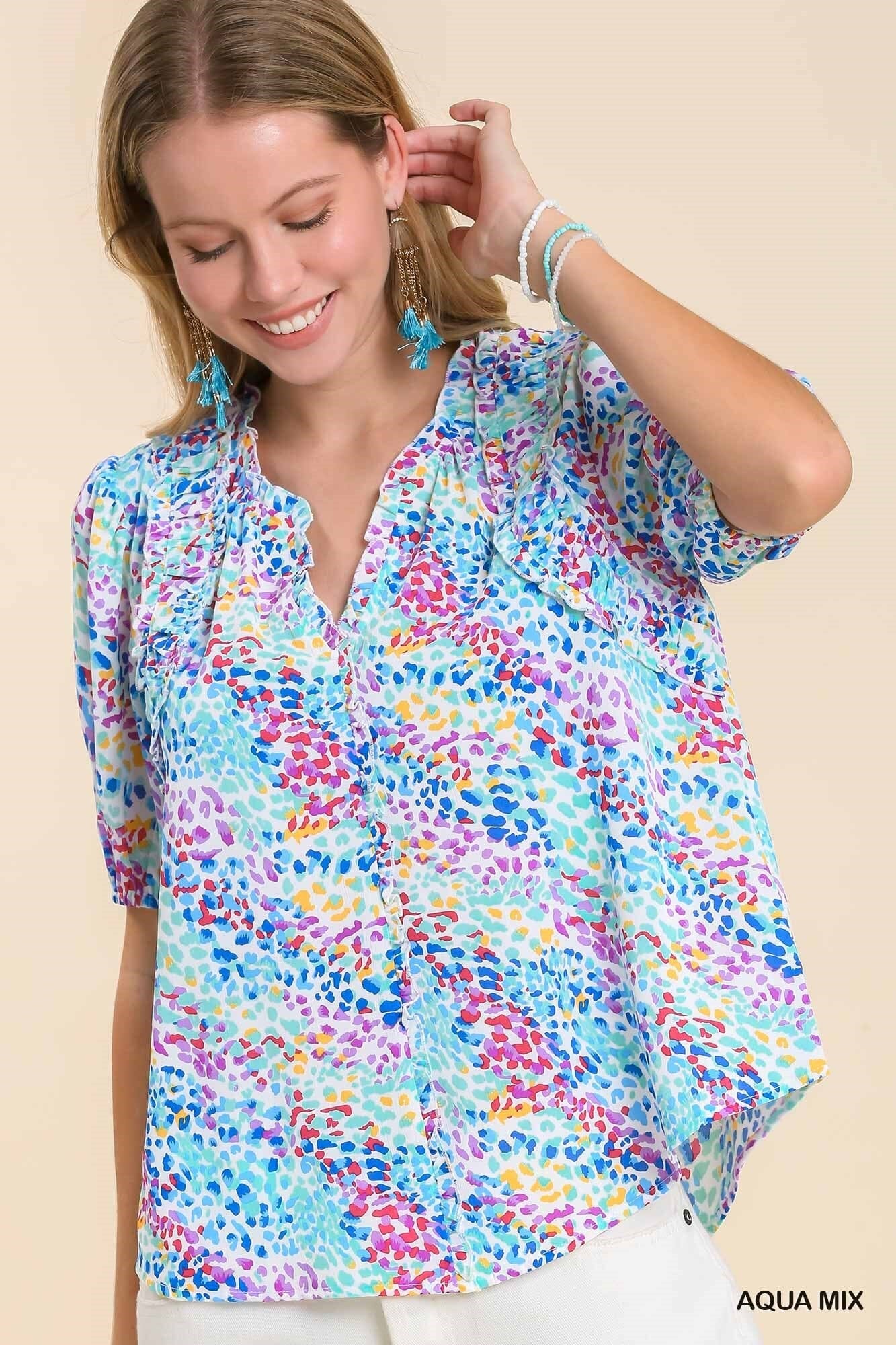Abstract Print Split Neck Puff Sleeve Top with Ruffle Trim Detail Avenue Hill 