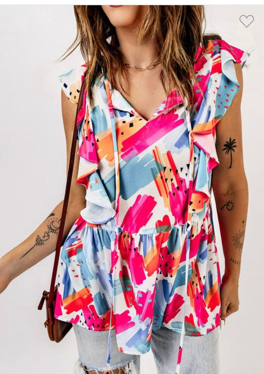 Abstract Print V Neck Ruffle Tank Kentce 