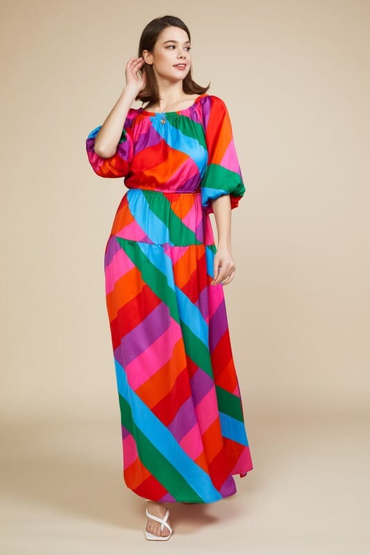 Abstract Rainbow Bubble Sleeve Maxi skies are blue 