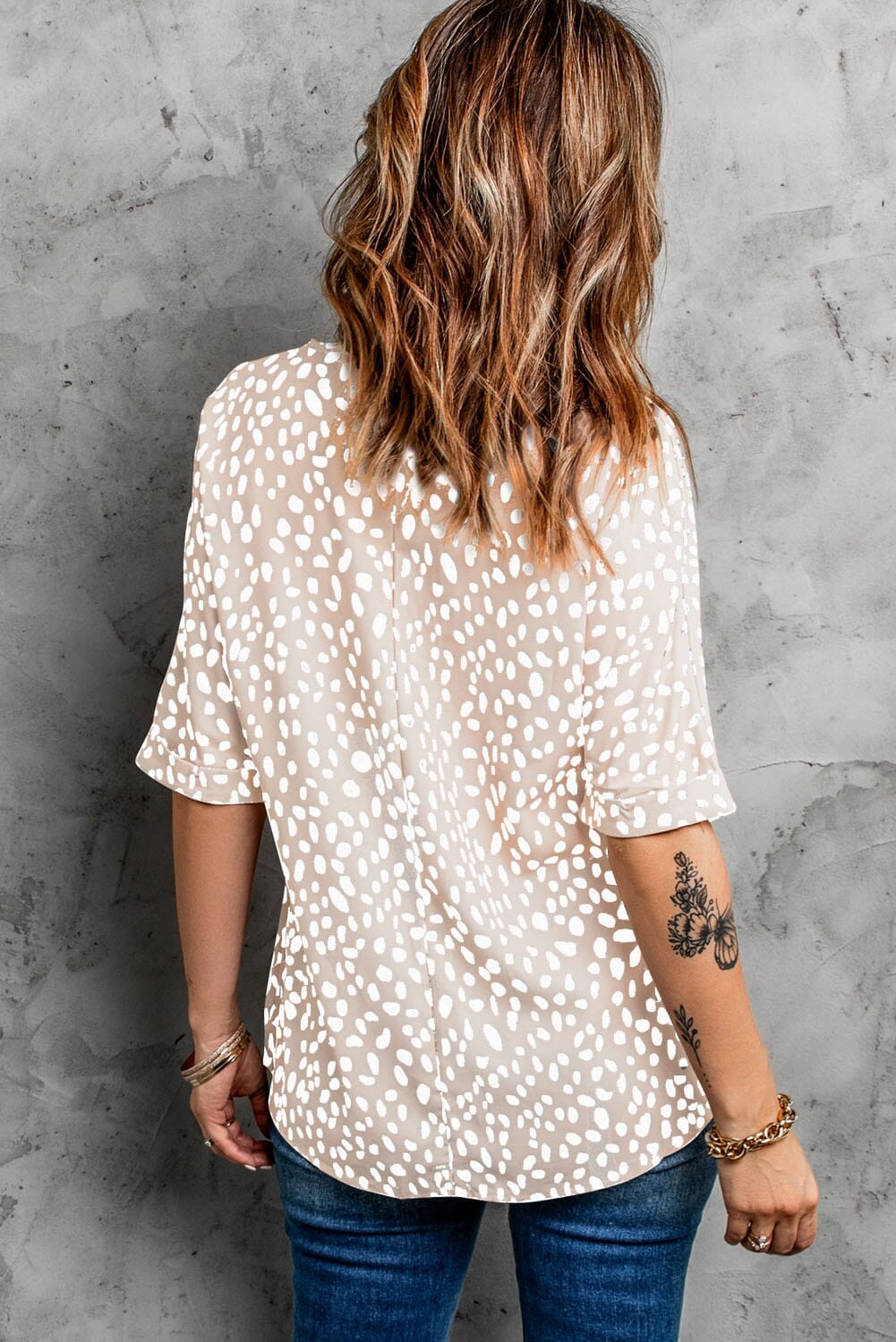 Animal Print V-neck Rolled Sleeve Tunic Top shiying 