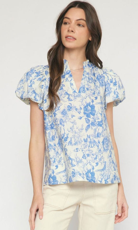 Antique Print Puff Sleeve Top entro 