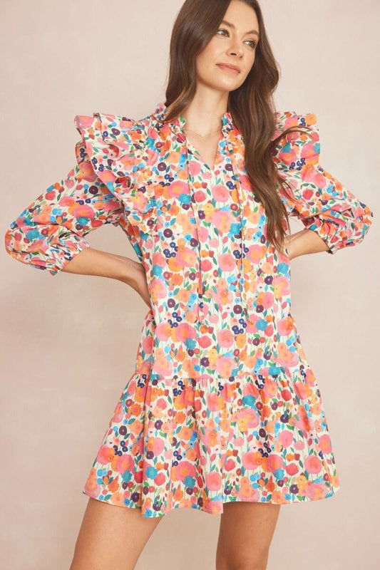 Autumn Floral 3/4 Flutter Sleeve Dress entro 
