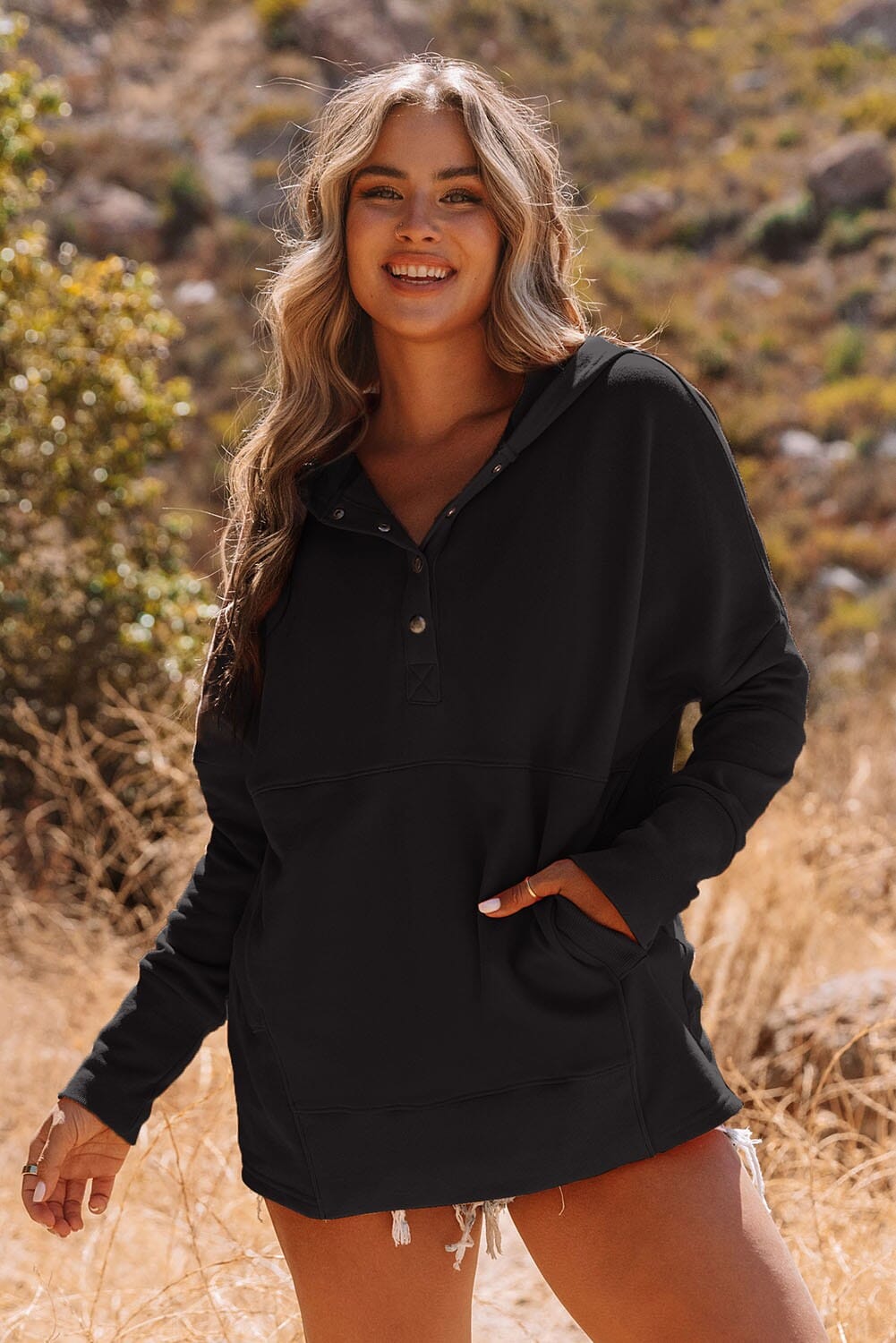 Batwing Sleeve Pocketed Henley Hoodie Shiying 