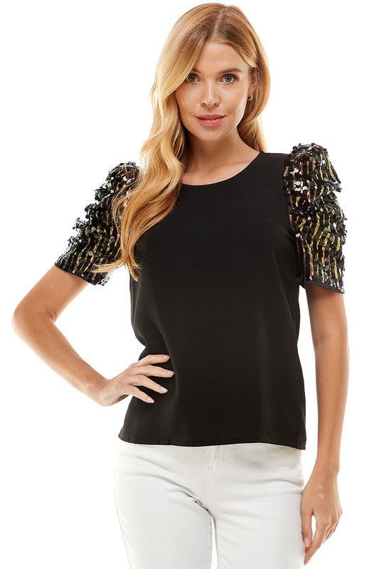 Black and Gold Sequin Puff Sleeve Top TCEC 