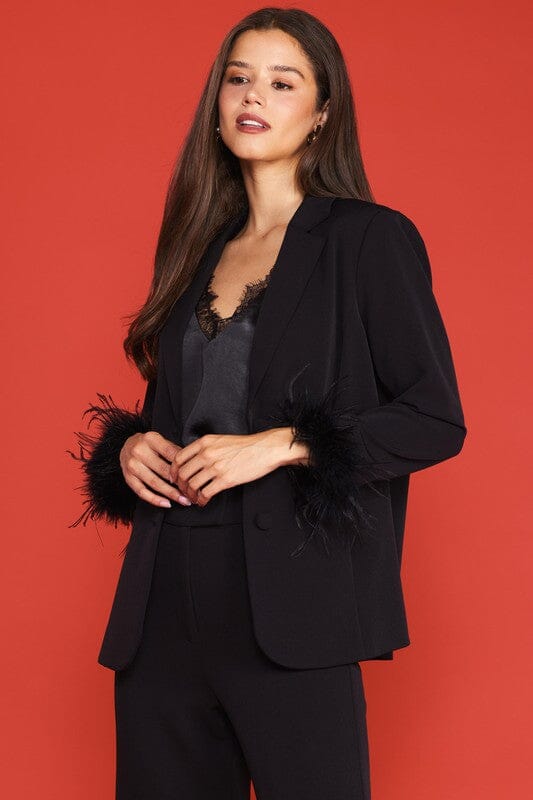 Black Detachable Feather Cuff Blazer skies are blue 