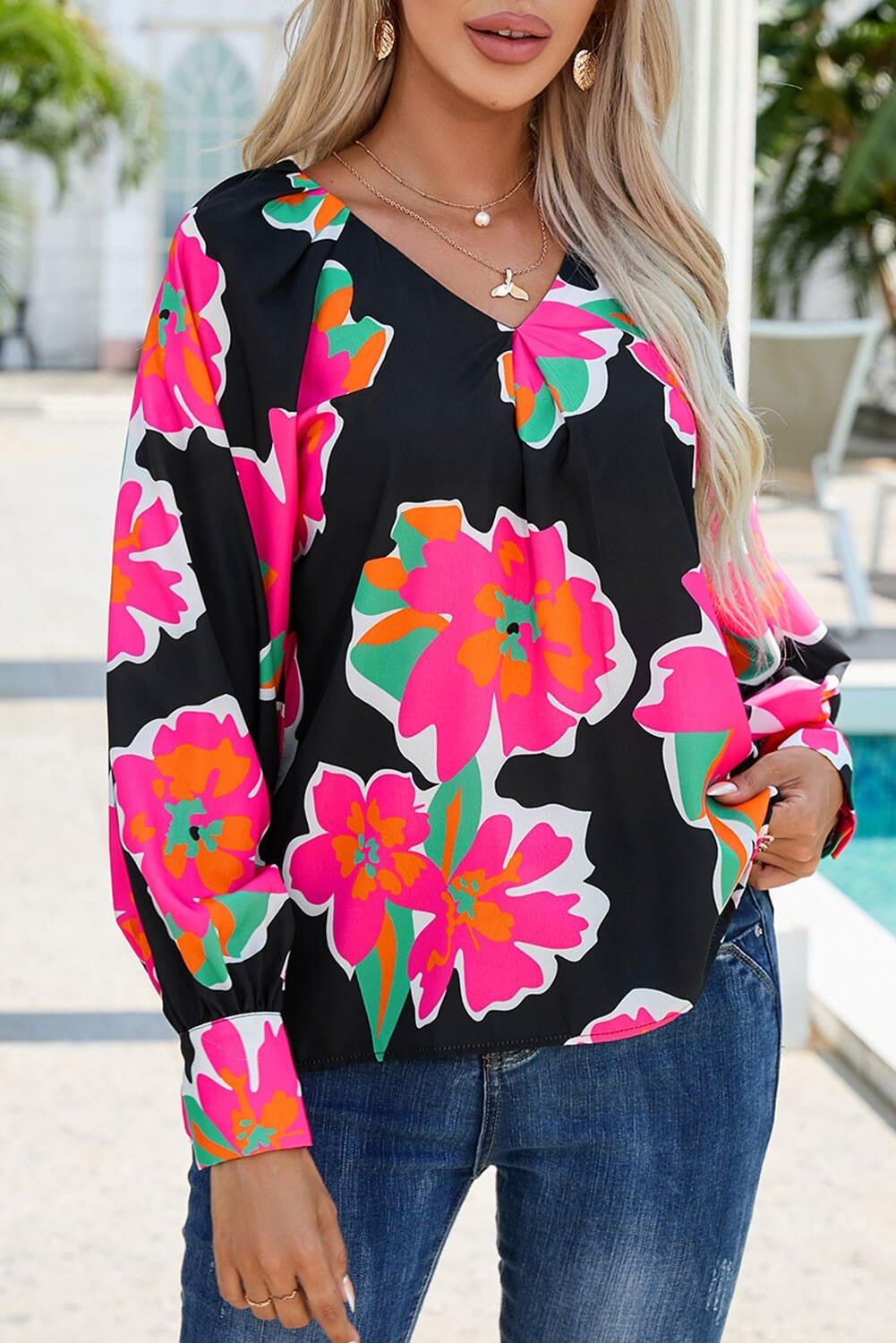 Black Flower Print Puff Sleeve Blouse Kentce 