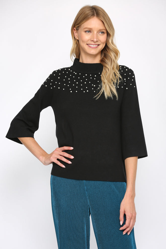 Black Pearl Studded Mock Neck Sweater Fate 