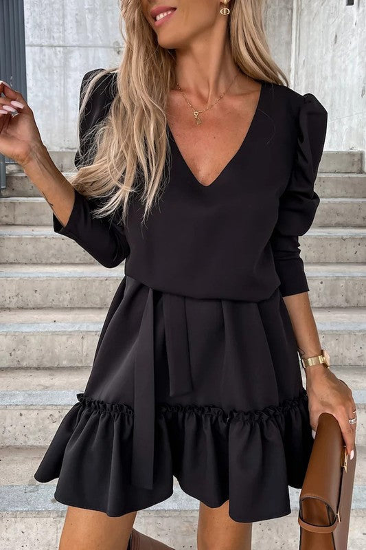 Black Puff Sleeve A-line Dress Shiying 