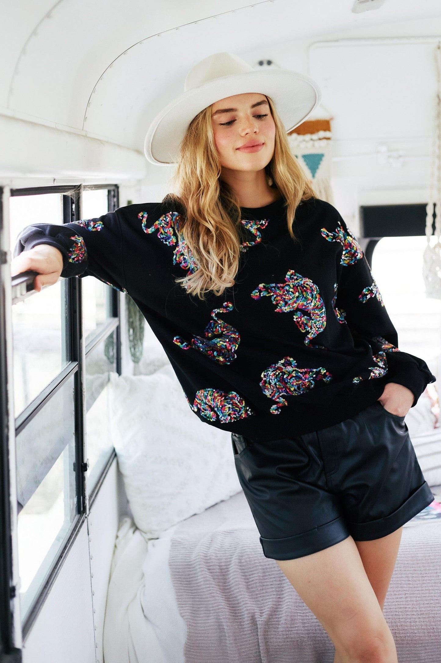 Black Rainbow Sequin Tiger Sweatshirt fantastic fawn 