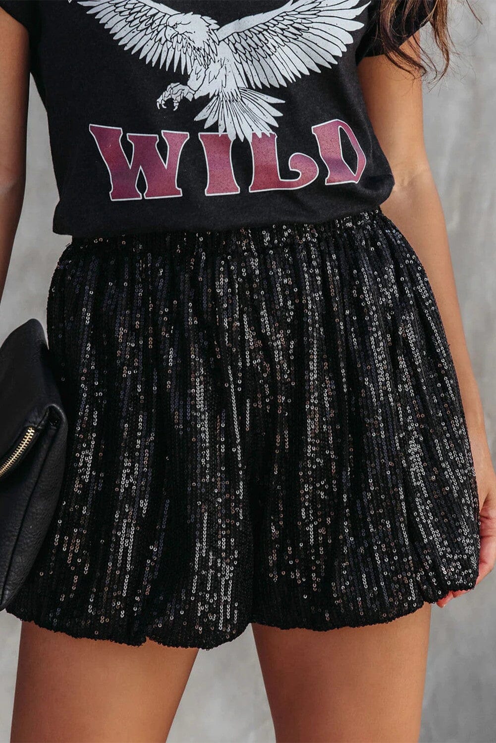 Black Sequin Elastic Waist Shorts sweet lover fashions 