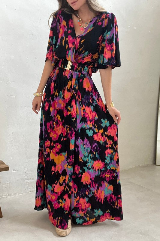 Black Watercolor Abstract Belted Maxi Kentce 