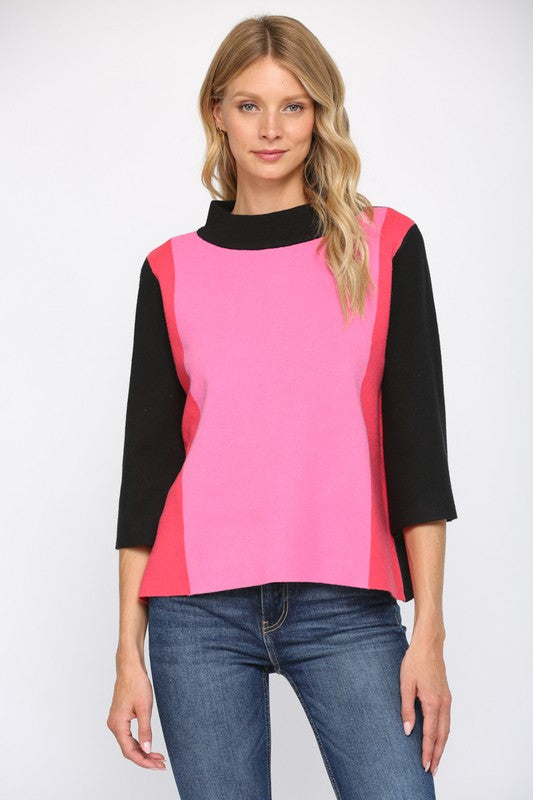 Black/Pink Colorblock Mock Neck Sweater Fate 
