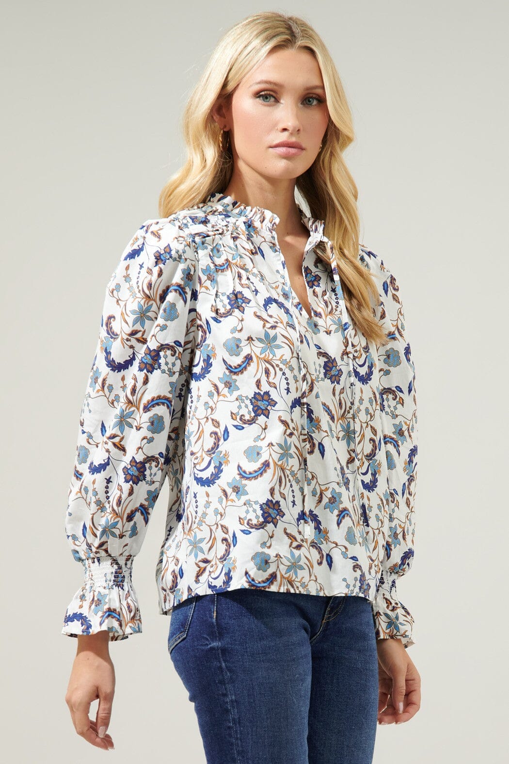 Blanche Floral Russo Pleated Long Sleeve Blouse Sugarlips 