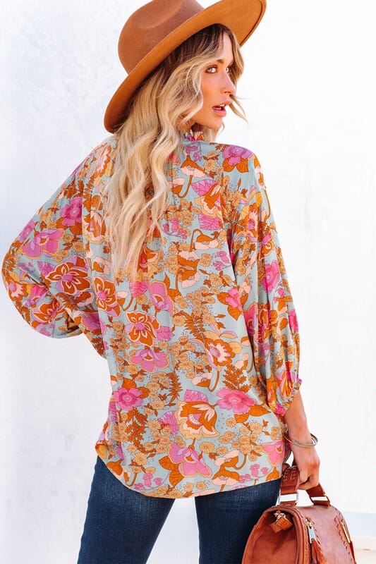 Blue Boho Print Bubble Sleeve Youmi 