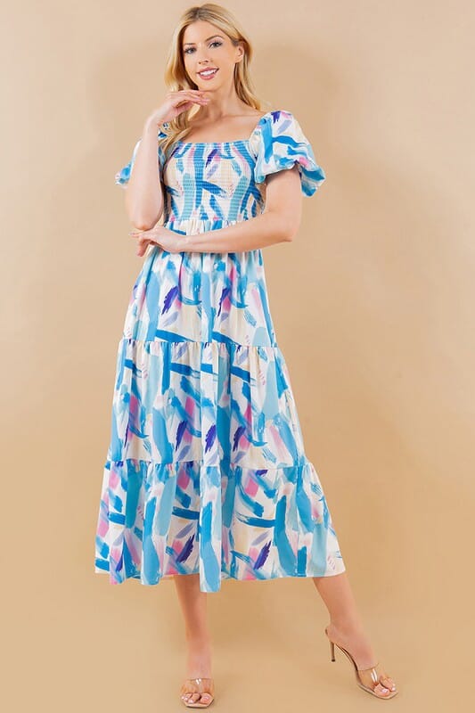 Blue Brushstroke Smocked Bodice Midi Sundayup 