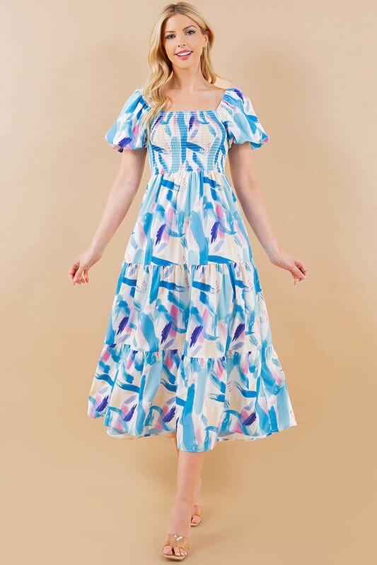 Blue Brushstroke Smocked Bodice Midi Sundayup 