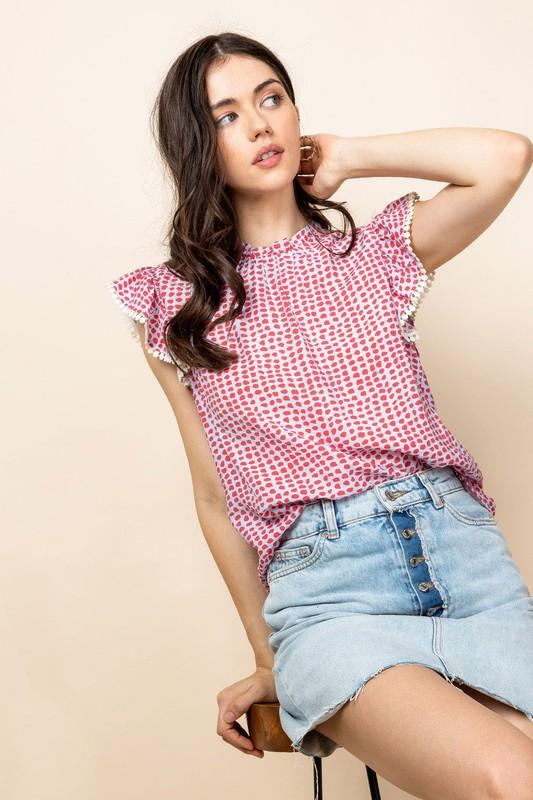 Blue Dotted Flutter Sleeve Top Top thml 