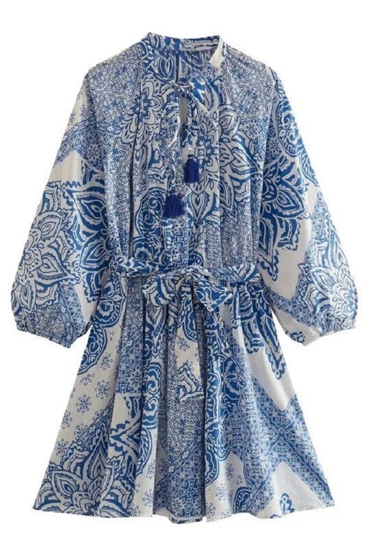 Blue Floral Belted LS Dress Sundayup 